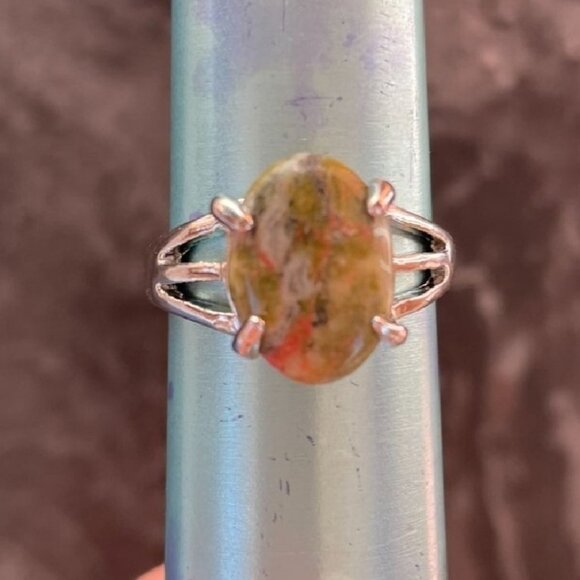 Unakite Jasper Ring Size 8.5 on Silver Plated Band for Men or Women - Picture 1 of 12